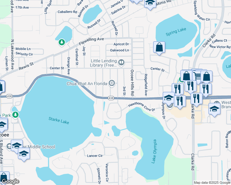map of restaurants, bars, coffee shops, grocery stores, and more near 409 2nd Street in Ocoee