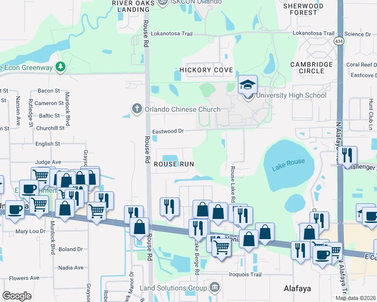 map of restaurants, bars, coffee shops, grocery stores, and more near 2132 Ruche Court in Orlando