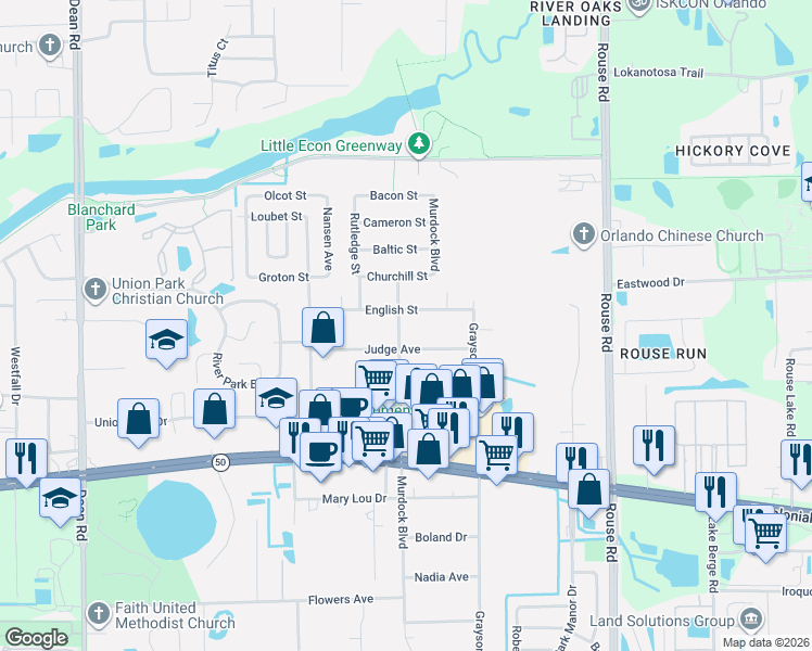 map of restaurants, bars, coffee shops, grocery stores, and more near 2216 Murdock Boulevard in Orlando