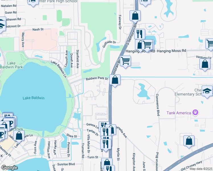 map of restaurants, bars, coffee shops, grocery stores, and more near 5590 Baldwin Park Street in Orlando