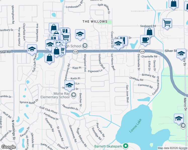 map of restaurants, bars, coffee shops, grocery stores, and more near 2400 Martinwood Drive in Orlando