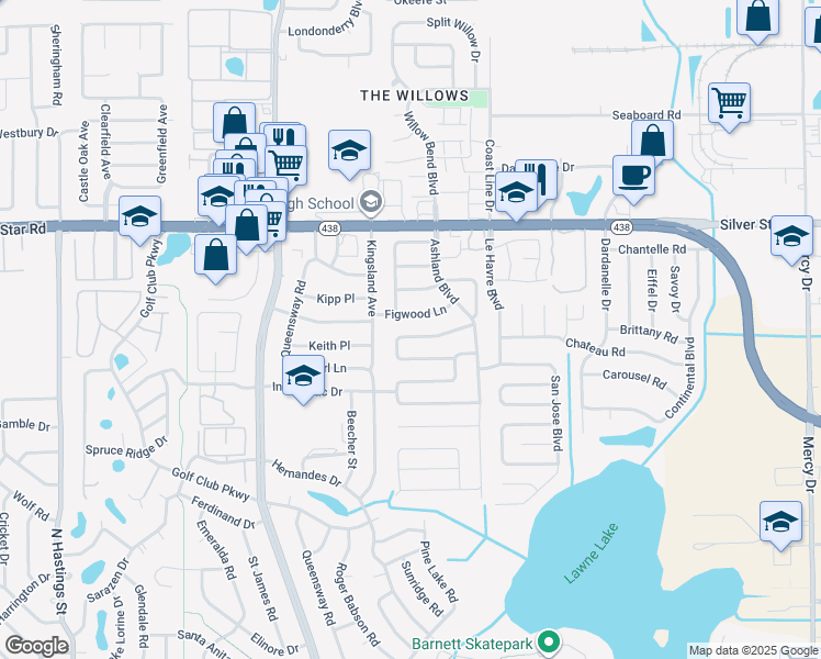 map of restaurants, bars, coffee shops, grocery stores, and more near 2400 Martinwood Drive in Orlando