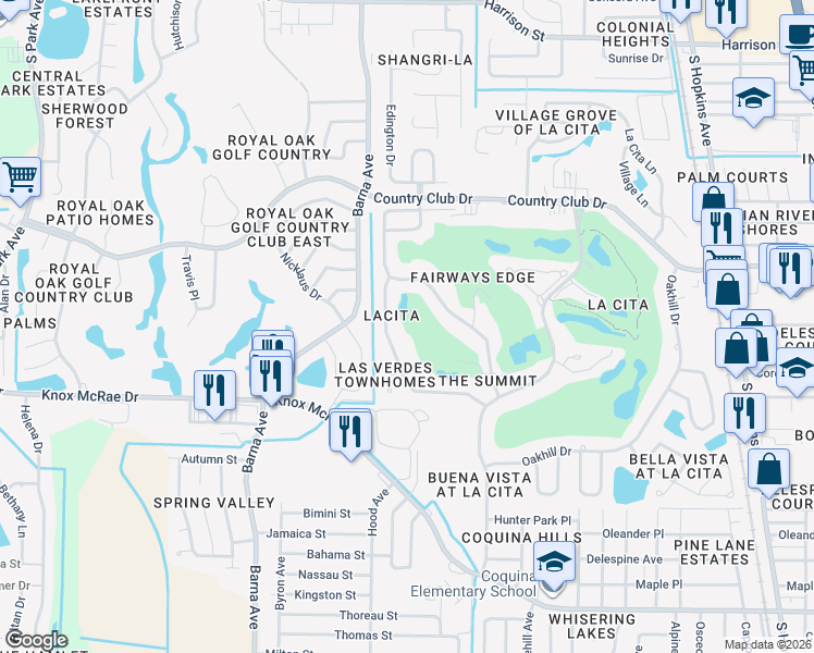 map of restaurants, bars, coffee shops, grocery stores, and more near 3651 Sawgrass Drive in Titusville