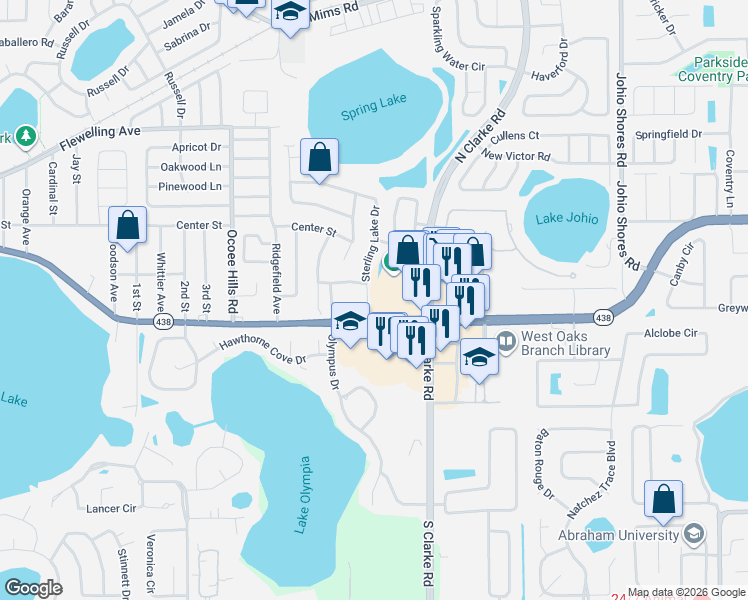 map of restaurants, bars, coffee shops, grocery stores, and more near 1414 Chapel Ridge Drive in Ocoee