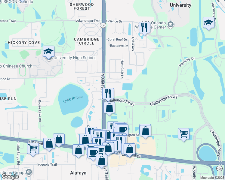 map of restaurants, bars, coffee shops, grocery stores, and more near 2515 North Alafaya Trail in Orlando