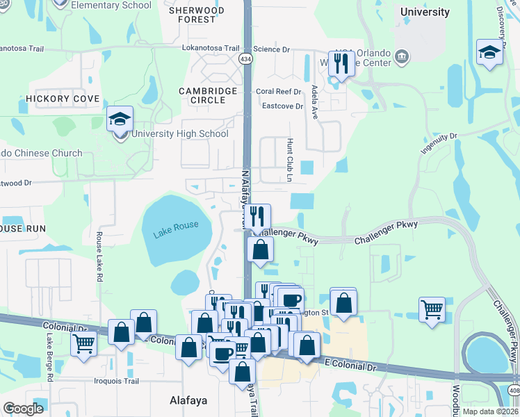 map of restaurants, bars, coffee shops, grocery stores, and more near 2515 North Alafaya Trail in Orlando