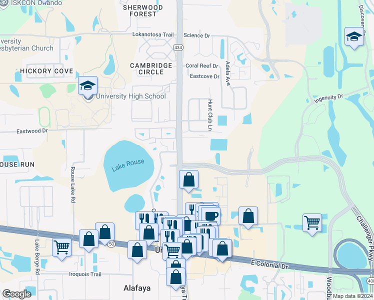 map of restaurants, bars, coffee shops, grocery stores, and more near 2515 North Alafaya Trail in Orlando