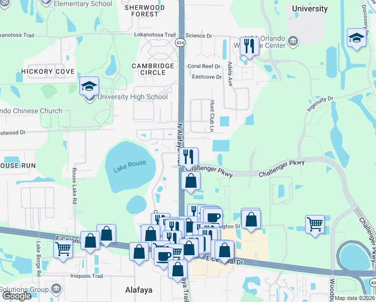 map of restaurants, bars, coffee shops, grocery stores, and more near 2515 North Alafaya Trail in Orlando
