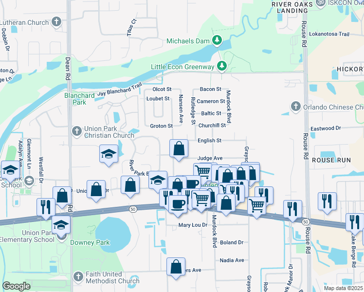 map of restaurants, bars, coffee shops, grocery stores, and more near 2215 Vincent Road in Orlando