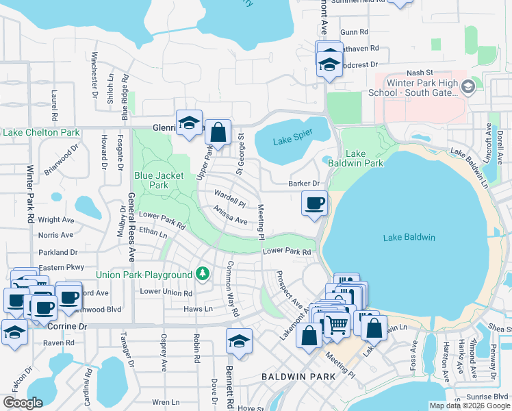 map of restaurants, bars, coffee shops, grocery stores, and more near 1810 Barker Drive in Winter Park