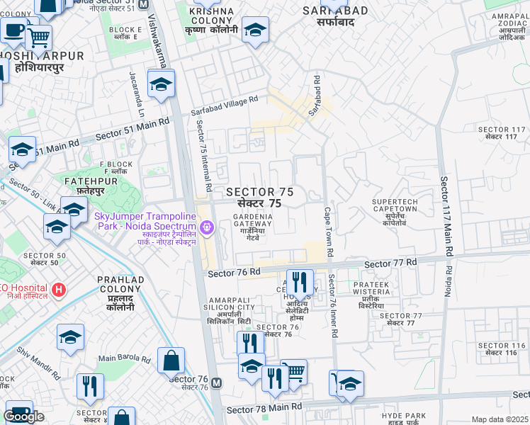 map of restaurants, bars, coffee shops, grocery stores, and more near in Noida