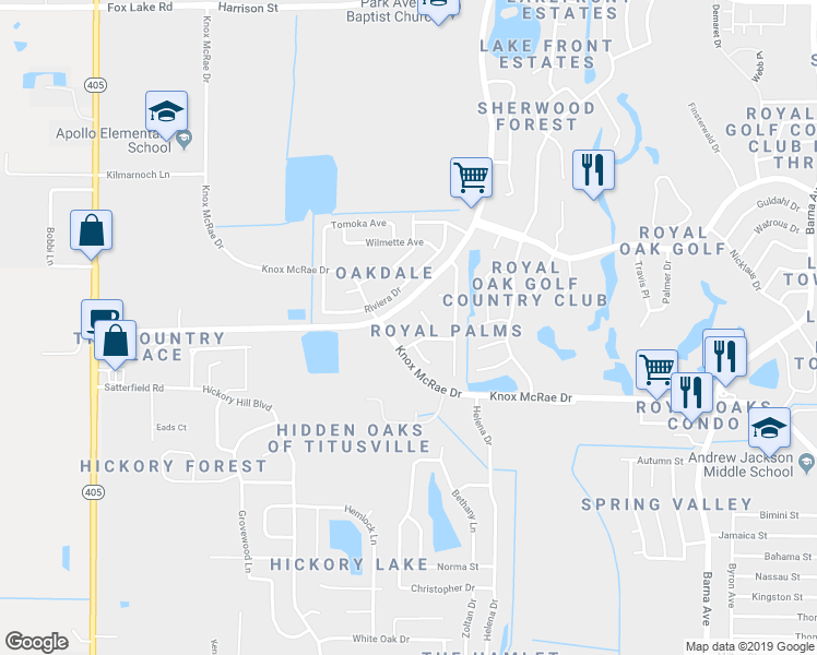 map of restaurants, bars, coffee shops, grocery stores, and more near 2571 South Park Avenue in Titusville