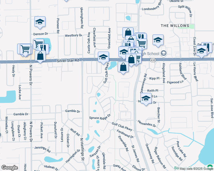 map of restaurants, bars, coffee shops, grocery stores, and more near 5423 Brookswood Way in Orlando