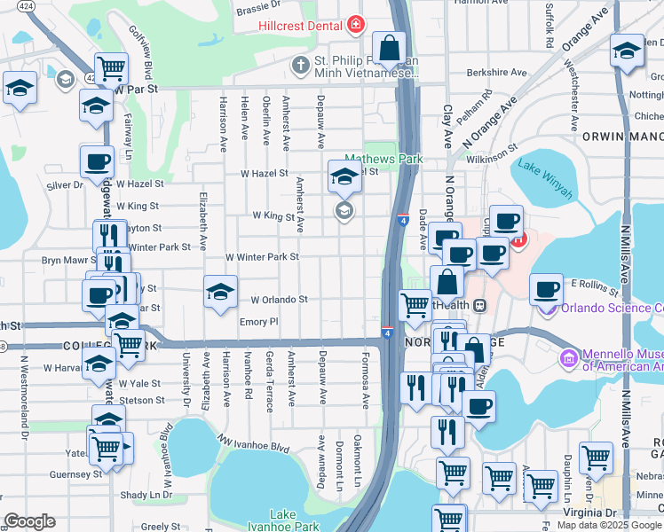 map of restaurants, bars, coffee shops, grocery stores, and more near 2512 Musselwhite Avenue in Orlando