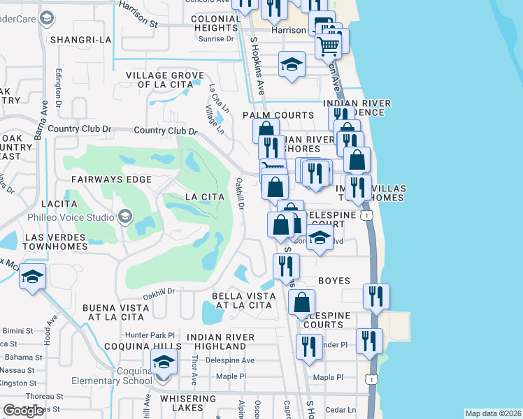 map of restaurants, bars, coffee shops, grocery stores, and more near 3555 Sable Palm Lane in Titusville
