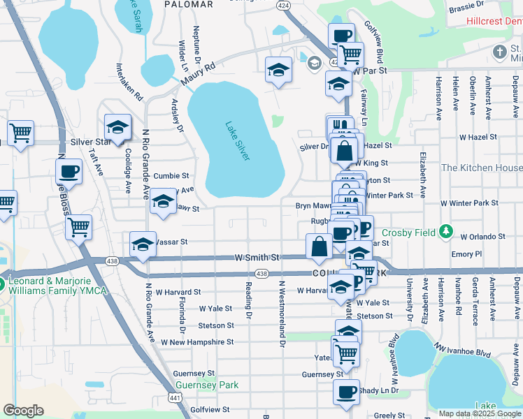 map of restaurants, bars, coffee shops, grocery stores, and more near 1028 Bryn Mawr Street in Orlando