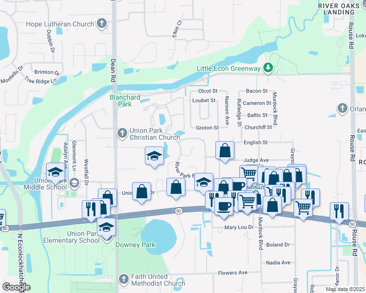 map of restaurants, bars, coffee shops, grocery stores, and more near 1927 River Park Boulevard in Orlando