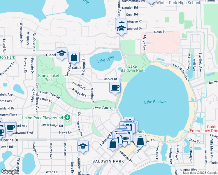 map of restaurants, bars, coffee shops, grocery stores, and more near 2500 Lakemont Avenue in Orlando
