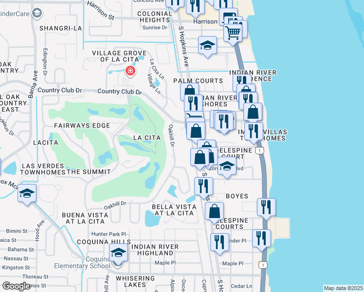 map of restaurants, bars, coffee shops, grocery stores, and more near 3535 Sable Palm Lane in Titusville