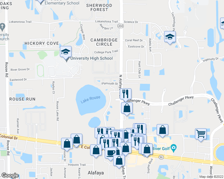 map of restaurants, bars, coffee shops, grocery stores, and more near 2535 Lancien Court in Orlando