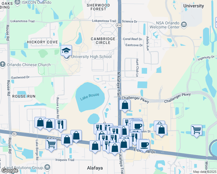 map of restaurants, bars, coffee shops, grocery stores, and more near 2550 North Alafaya Trail in Orlando