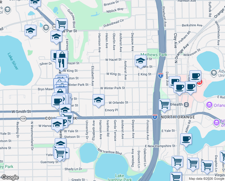 map of restaurants, bars, coffee shops, grocery stores, and more near 235 West Winter Park Street in Orlando