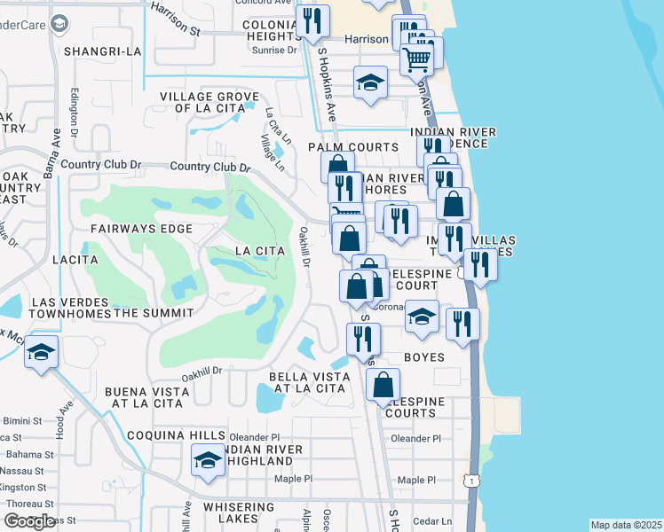 map of restaurants, bars, coffee shops, grocery stores, and more near 3535 Sable Palm Lane in Titusville