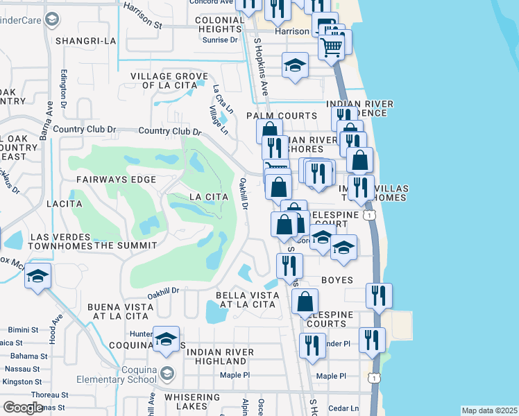 map of restaurants, bars, coffee shops, grocery stores, and more near 3585 Sable Palm Lane in Titusville