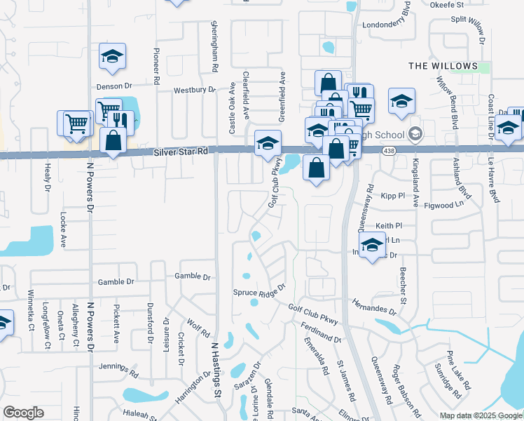map of restaurants, bars, coffee shops, grocery stores, and more near 5539 Pine Chase Drive in Pine Hills