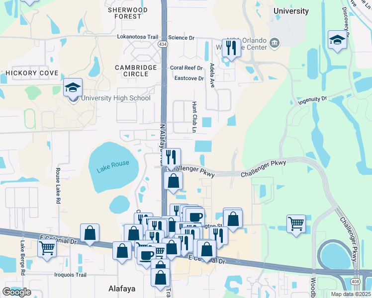 map of restaurants, bars, coffee shops, grocery stores, and more near 2519 North Alafaya Trail in Orlando