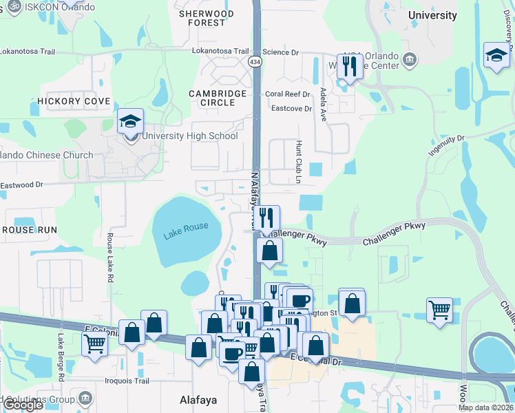 map of restaurants, bars, coffee shops, grocery stores, and more near 2515 North Alafaya Trail in Orlando
