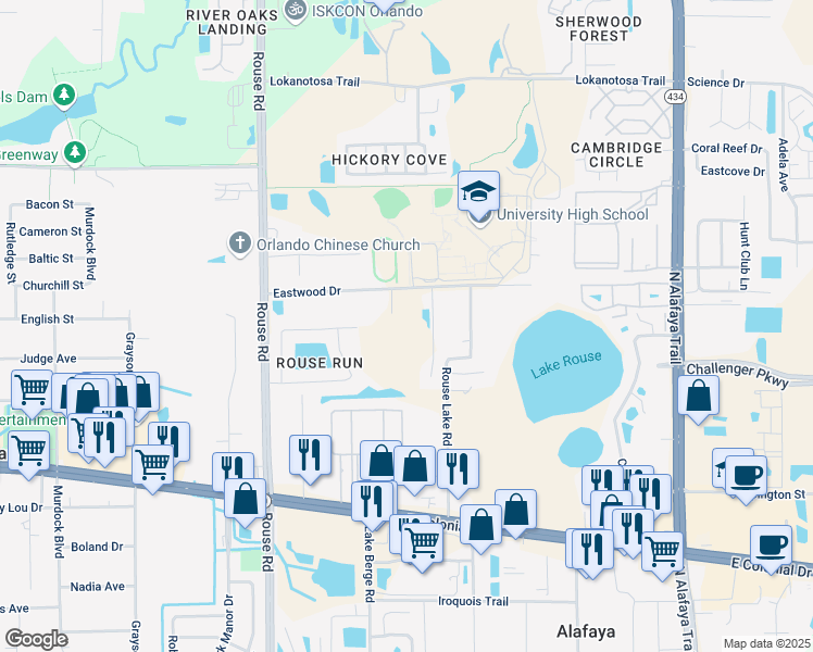 map of restaurants, bars, coffee shops, grocery stores, and more near 2119 Brighton Lane in Orlando