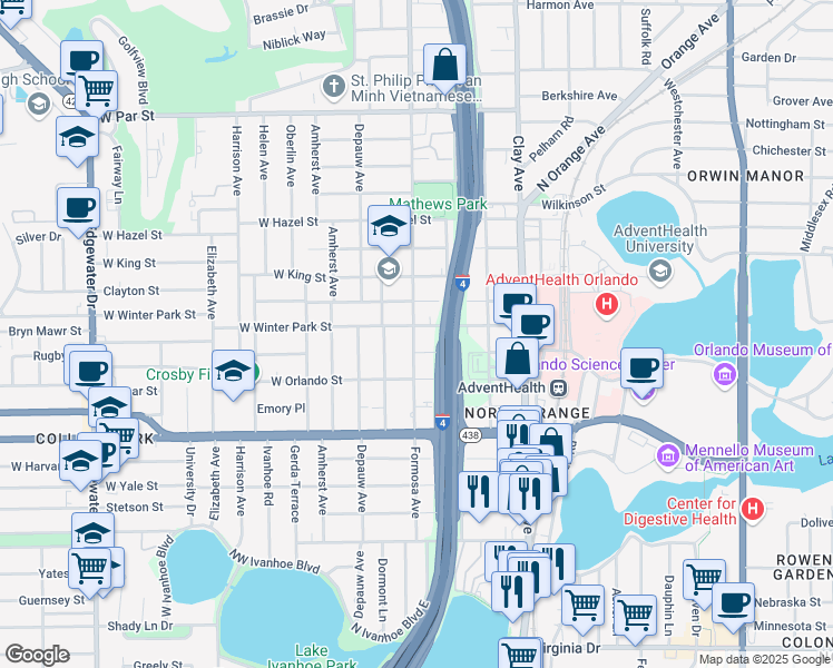 map of restaurants, bars, coffee shops, grocery stores, and more near 111 East Winter Park Street in Orlando