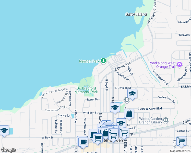 map of restaurants, bars, coffee shops, grocery stores, and more near 618 North Lakeview Avenue in Winter Garden