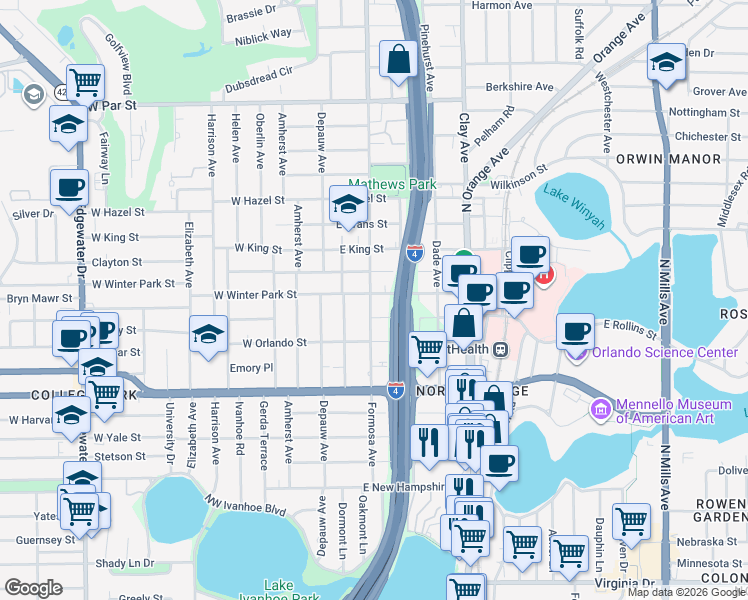 map of restaurants, bars, coffee shops, grocery stores, and more near 117 East Winter Park Street in Orlando