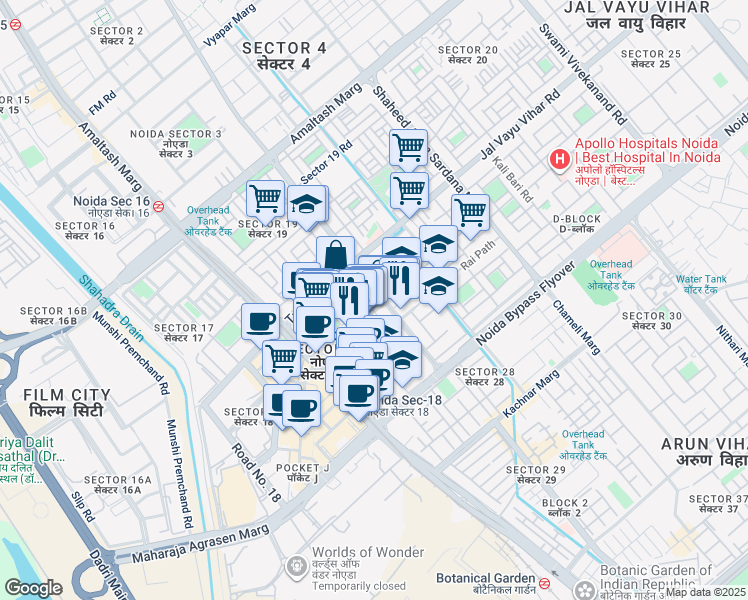 map of restaurants, bars, coffee shops, grocery stores, and more near in Noida