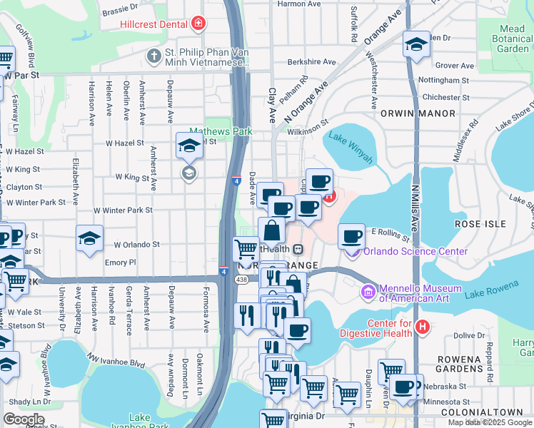 map of restaurants, bars, coffee shops, grocery stores, and more near 2520 North Orange Avenue in Orlando