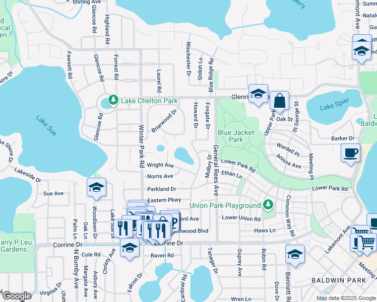 map of restaurants, bars, coffee shops, grocery stores, and more near 2225 Howard Drive in Winter Park