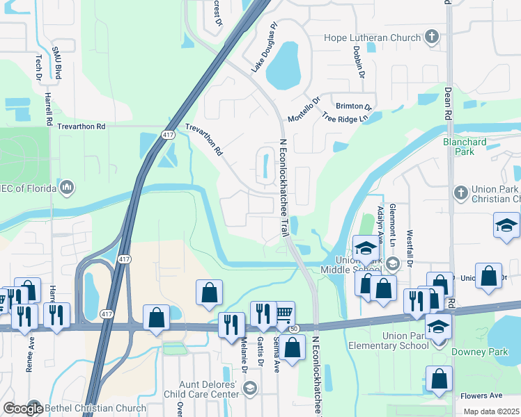 map of restaurants, bars, coffee shops, grocery stores, and more near 9417 Emily Loop in Orlando