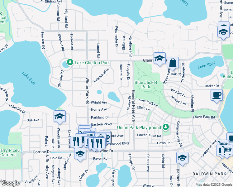 map of restaurants, bars, coffee shops, grocery stores, and more near 2225 Howard Drive in Winter Park