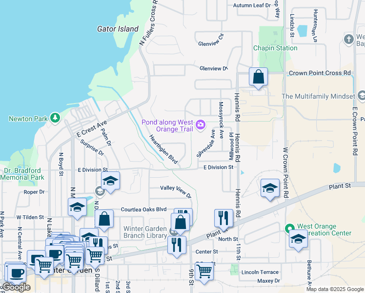 map of restaurants, bars, coffee shops, grocery stores, and more near 444 Newhearth Circle in Winter Garden