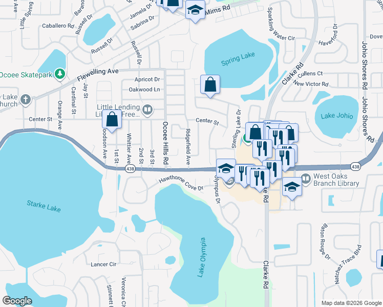 map of restaurants, bars, coffee shops, grocery stores, and more near 604 Sullivan Avenue in Ocoee