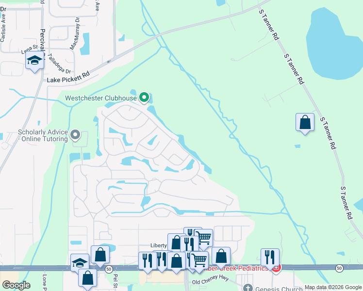 map of restaurants, bars, coffee shops, grocery stores, and more near 14545 Pine Valley Road in Orlando