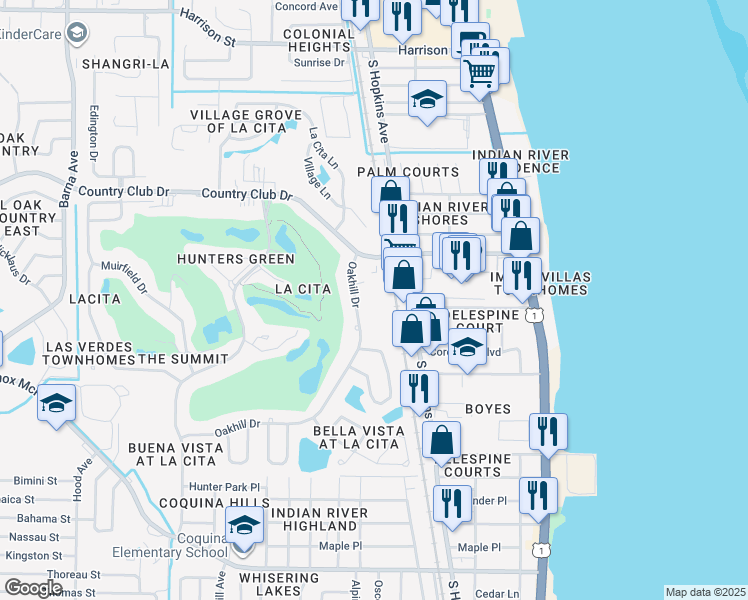 map of restaurants, bars, coffee shops, grocery stores, and more near 3545 Sable Palm Lane in Titusville