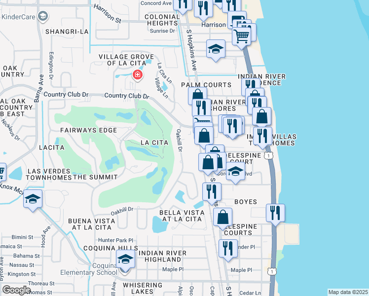 map of restaurants, bars, coffee shops, grocery stores, and more near 3595 Sable Palm Lane in Titusville
