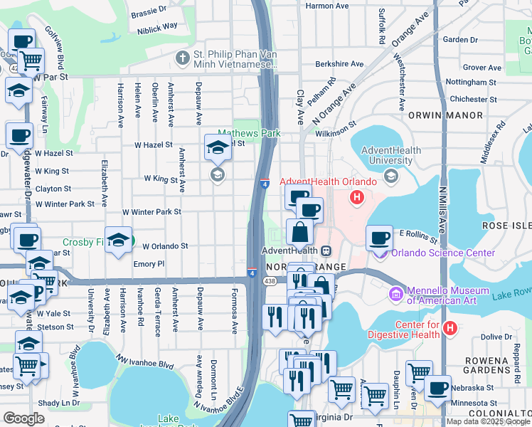 map of restaurants, bars, coffee shops, grocery stores, and more near 212 East Winter Park Street in Orlando
