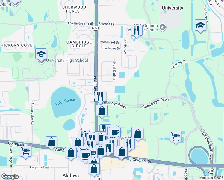 map of restaurants, bars, coffee shops, grocery stores, and more near 2531 North Alafaya Trail in Orlando