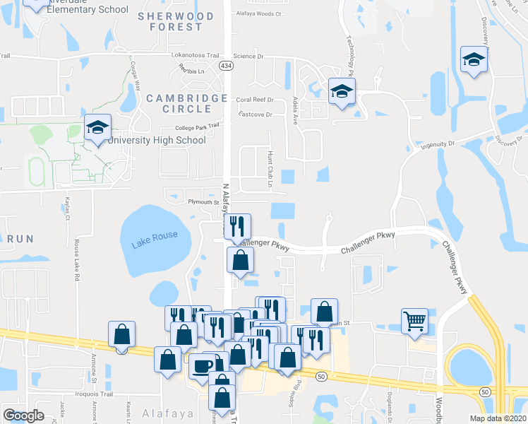 map of restaurants, bars, coffee shops, grocery stores, and more near 2533 North Alafaya Trail in Orlando