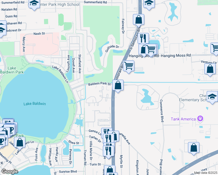 map of restaurants, bars, coffee shops, grocery stores, and more near 5590 Baldwin Park Street in Orlando