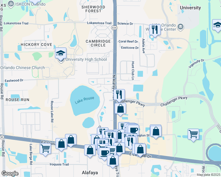 map of restaurants, bars, coffee shops, grocery stores, and more near 2489 Lancien Court in Orlando